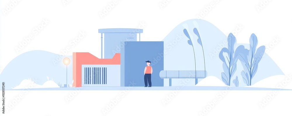 A modern architectural scene featuring a person in front of a stylish building surrounded by greenery and soft colors. A modern architectural scene featuring a person in front of a stylish building surrounded by greenery and soft colors.