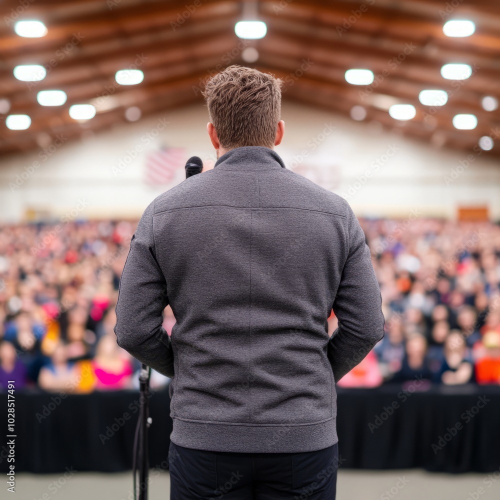 Fototapeta premium A speaker addresses a large audience in a spacious venue.