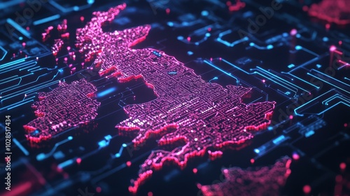 Map of the shape of the UK border on a cyber circuit board in a network of cyber connections