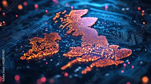 Map of the shape of the UK border on a cyber circuit board in a network of cyber connections