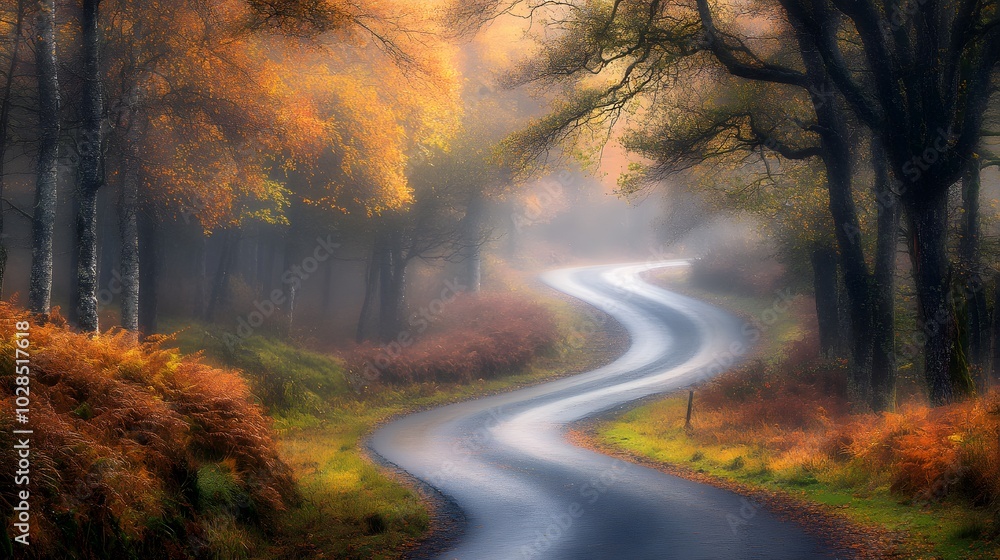 Obraz premium An empty, winding road winds through the woods on an autumn morning, shrouded in fog. The trees are adorned with leaves in various shades of orange and brown. 