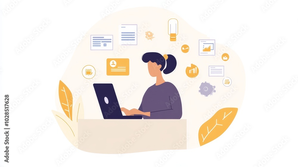 Illustration of a woman working on a laptop, surrounded by project documents and digital tools, symbolizing modern productivity. Illustration of a woman working on a laptop, surrounded by project documents and digital tools, symbolizing modern productivity.