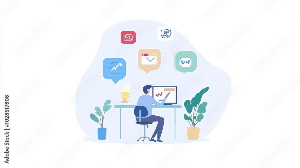 A person working at a desk with a computer, surrounded by digital icons and plants, representing productivity and communication. A person working at a desk with a computer, surrounded by digital icons and plants, representing productivity and communication.