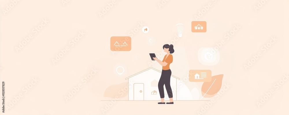 A woman interacts with a digital device, surrounded by icons representing technology and communication in a modern setting. A woman interacts with a digital device, surrounded by icons representing technology and communication in a modern setting.