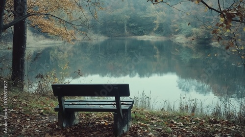 Fototapeta Naklejka Na Ścianę i Meble -  101. A lonely bench overlooking a serene lake, with no one around