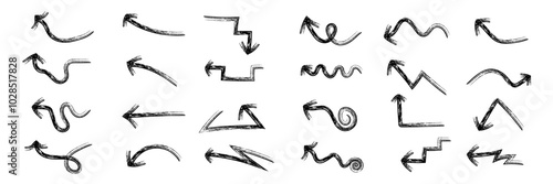 Vector arrows drawn in charcoal, chalk by hand. Different black pointers.