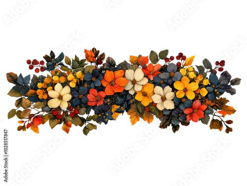 Autumn Floral Arrangement with Orange, Yellow, Blue, and Red Flowers and Berries on Transparent Background
 photo