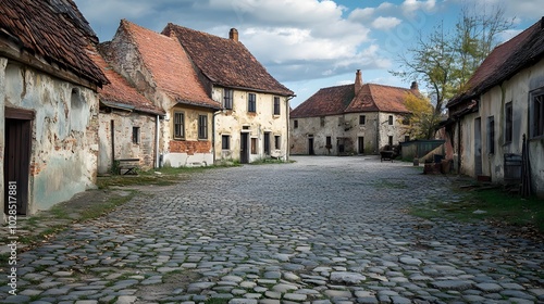 Fototapeta Naklejka Na Ścianę i Meble -  102. A deserted village square, with cobblestones and old buildings
