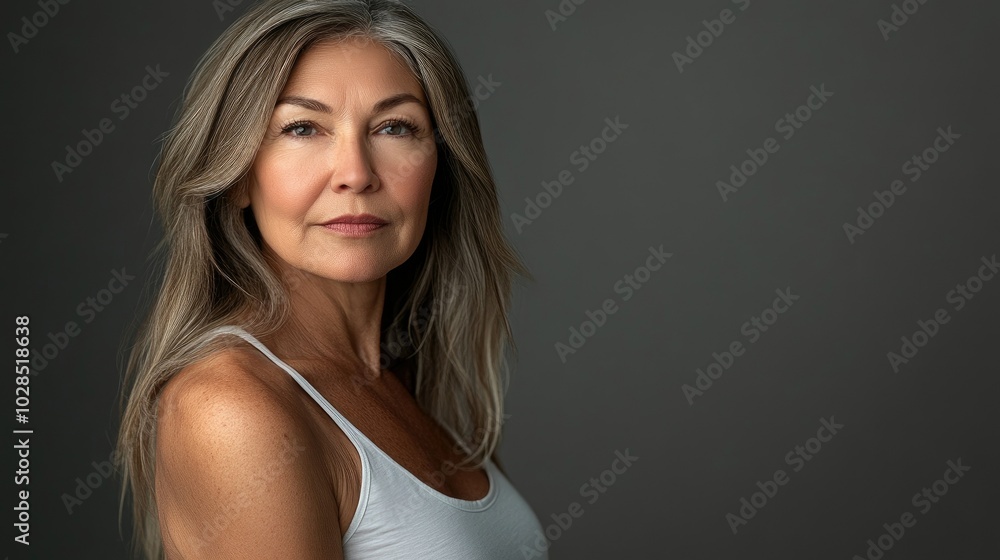 Beautiful older woman in white t-shirt female breast dark background Breast cancer support, prevention, mammography, screening, oncology, cancer treatment Beautiful older woman in white t-shirt female breast dark background Breast cancer support, prevention, mammography, screening, oncology, cancer treatment