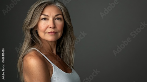 Beautiful older woman in white t-shirt female breast dark background Breast cancer support, prevention, mammography, screening, oncology, cancer treatment