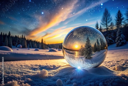 Glowing crystal sphere illuminates winter night sky abstractly Panoramic