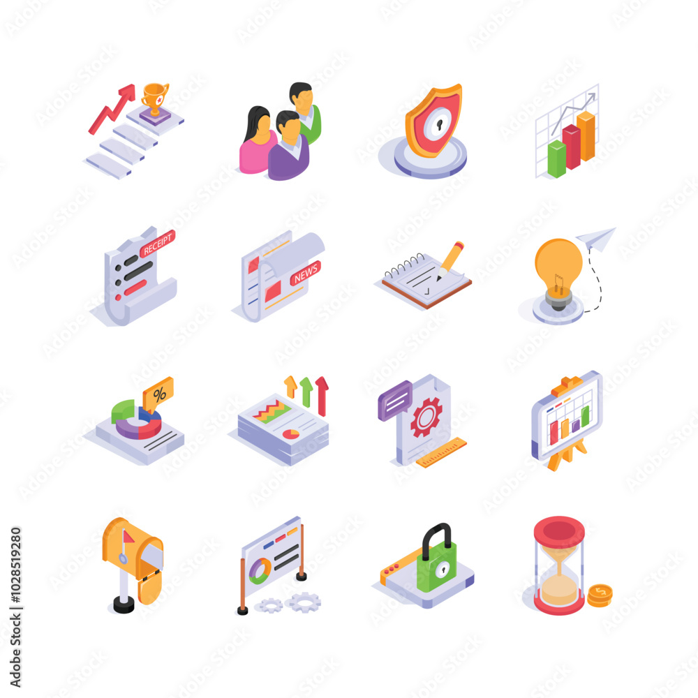 Boost your projects with this vibrant set project of management isometric icons Boost your projects with this vibrant set project of management isometric icons