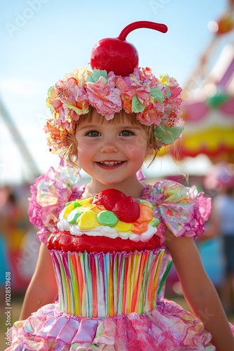 A child dressed as a cupcake, with a colorful costume and a cherry hat, at a fun fair