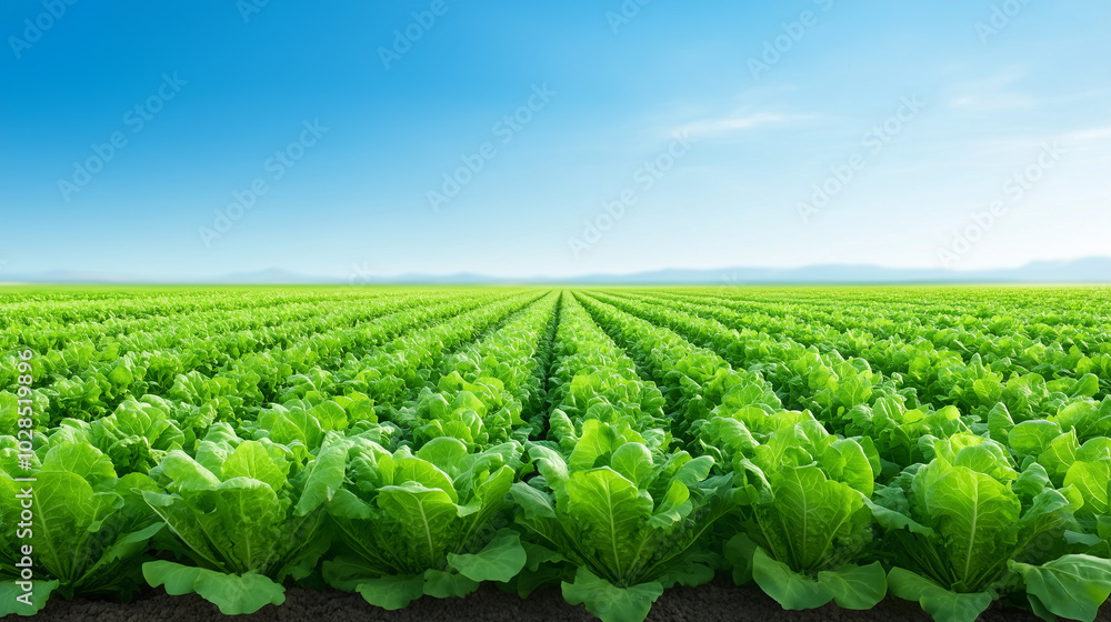 A field of green lettuce plants with a blue sky in the background A field of green lettuce plants with a blue sky in the background