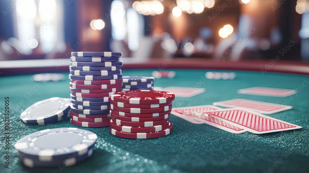 A pile of poker chips sits on a green table A pile of poker chips sits on a green table