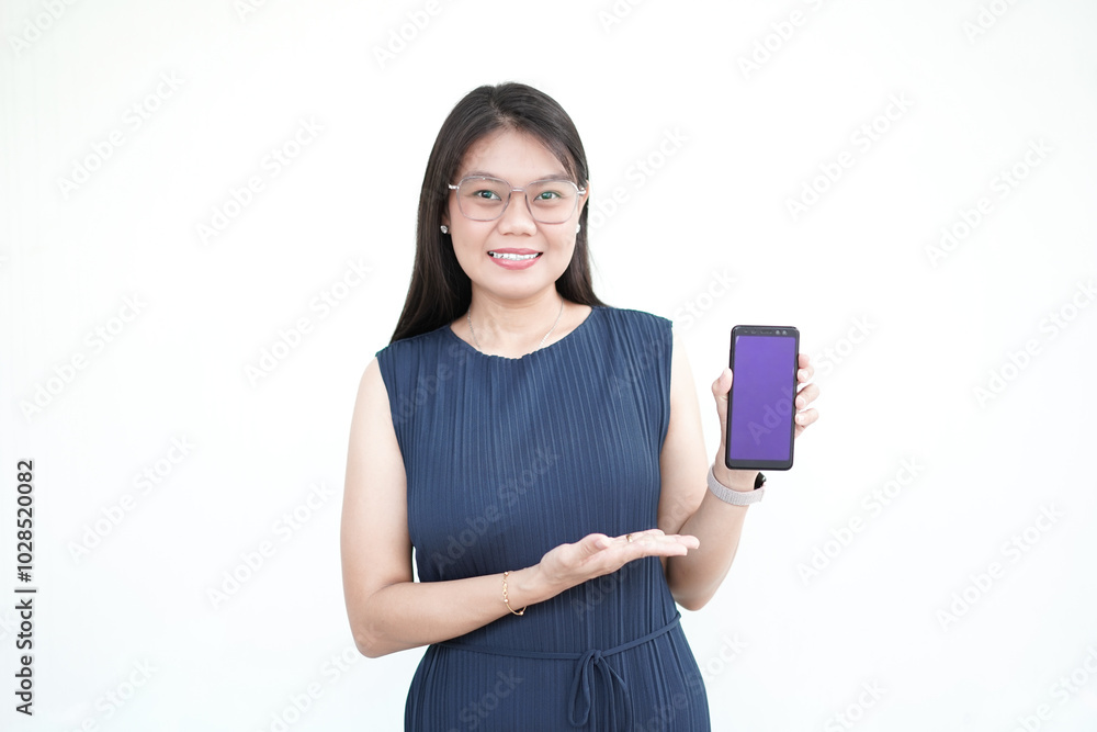 Beautiful Asian Woman wearing formal dress Showing Apps or Ads On Blank Screen Smartphone, advertising concept Isolated On White Background Beautiful Asian Woman wearing formal dress Showing Apps or Ads On Blank Screen Smartphone, advertising concept Isolated On White Background