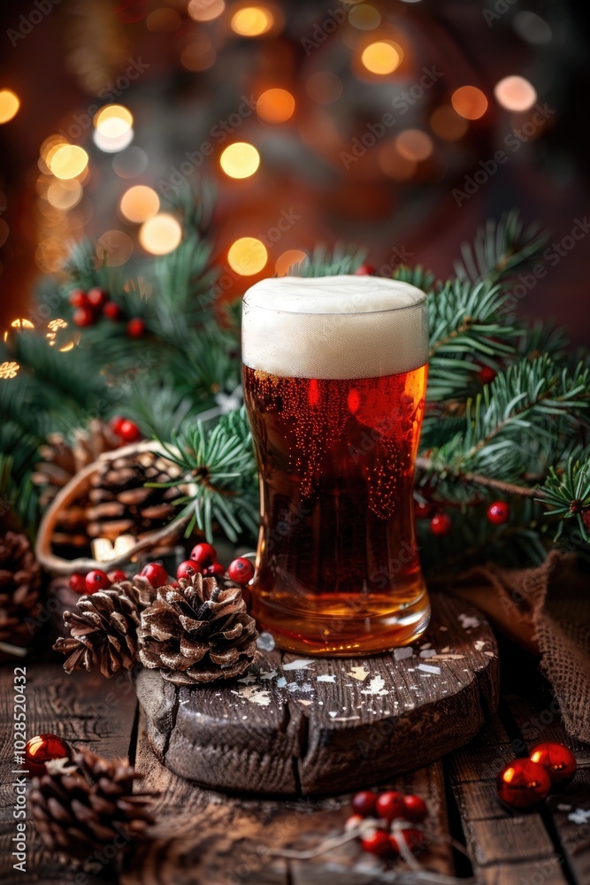 Festive Winter Beer Glass with Holiday Background, Bokeh Lights, and Pine Decorations Festive Winter Beer Glass with Holiday Background, Bokeh Lights, and Pine Decorations