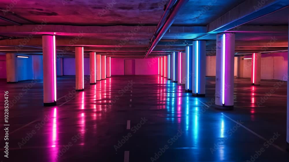 A parking garage with neon lights reflecting on the floor creates an abstract scene