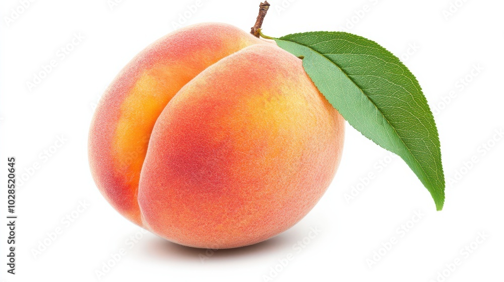 A fresh peach with a green leaf, highlighting its vibrant colors and natural beauty. A fresh peach with a green leaf, highlighting its vibrant colors and natural beauty.