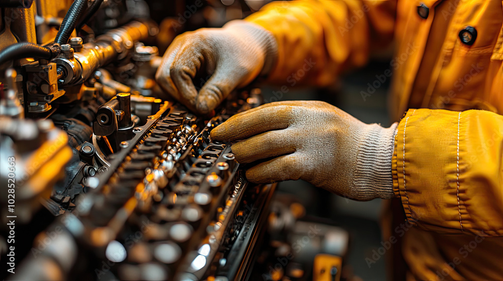 Close-up of mechanic's hands adjusting engine parts Close-up of mechanic's hands adjusting engine parts