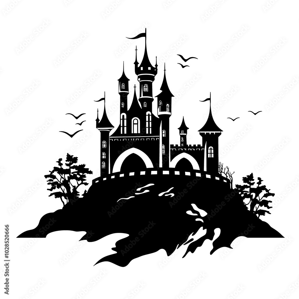 Obraz premium Majestic Castle on a Hill – Evoke the Essence of Fairy Tales and Adventure. Perfect for Book Covers, Illustrations, and Wall Art. Let This Timeless Scene Inspire Imagination and Add a Touch of Fantasy