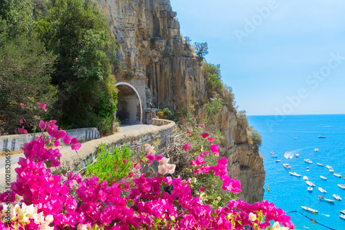 Bilde på lerret famous picturesque winding road of Amalfi coast, summer with flowers, Italy