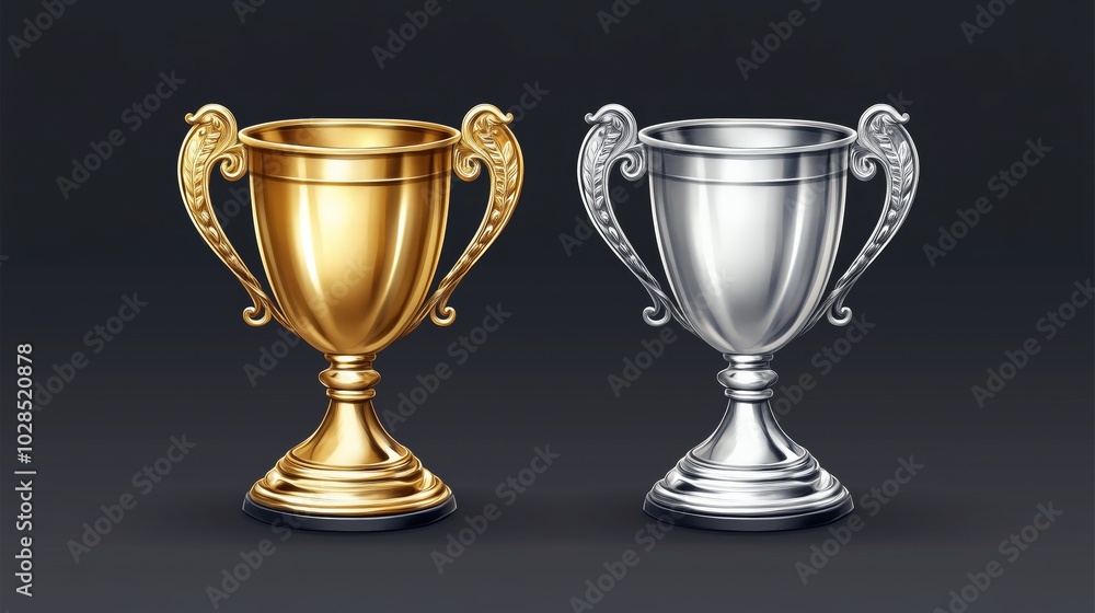 Golden and silver trophies with elegant handles on a dark background Golden and silver trophies with elegant handles on a dark background