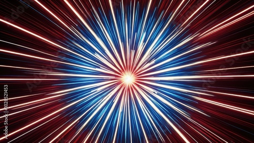 Vibrant red and blue fireworks burst across the night sky, creating a dazzling and festive display of light and color