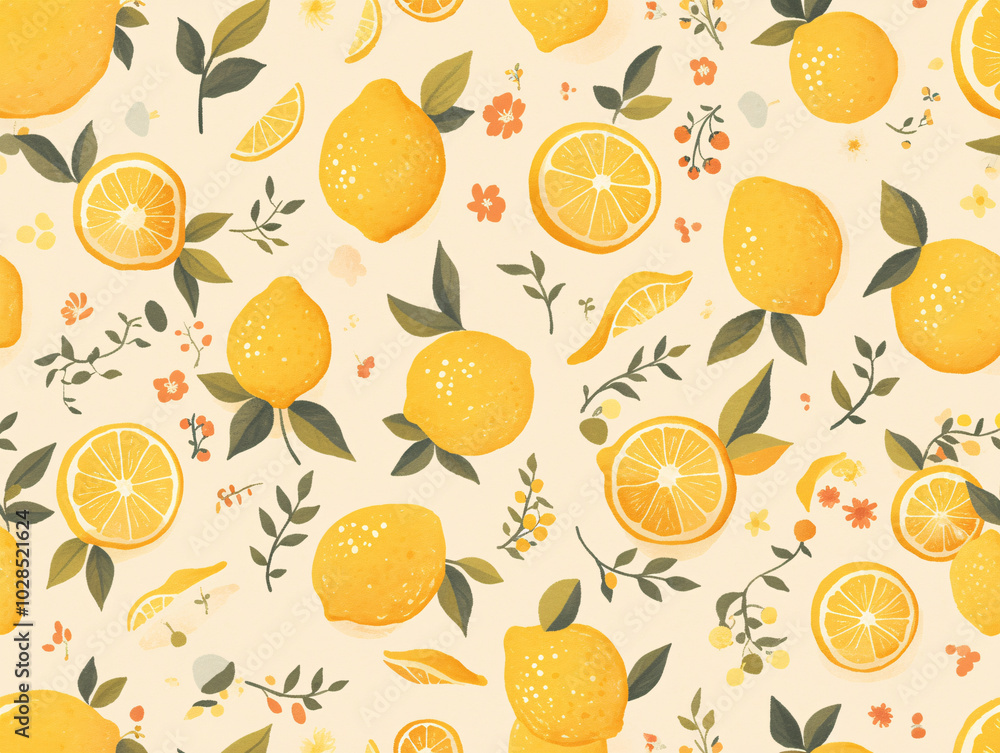 a vibrant and lively pattern of yellow lemons with green leaves and red berries, set against a light green background. a vibrant and lively pattern of yellow lemons with green leaves and red berries, set against a light green background.