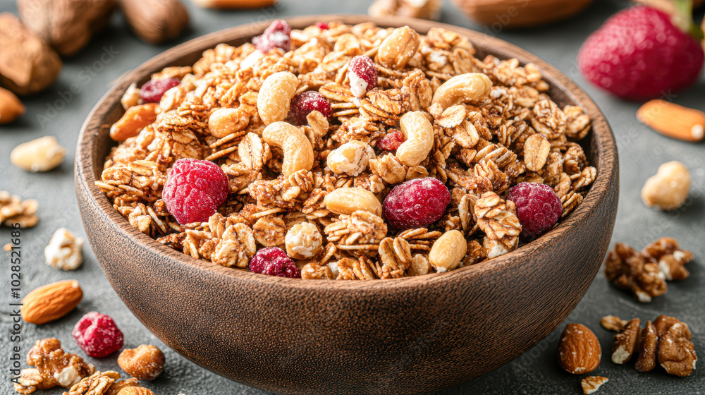 A bowl of granola with walnuts and raisins A bowl of granola with walnuts and raisins