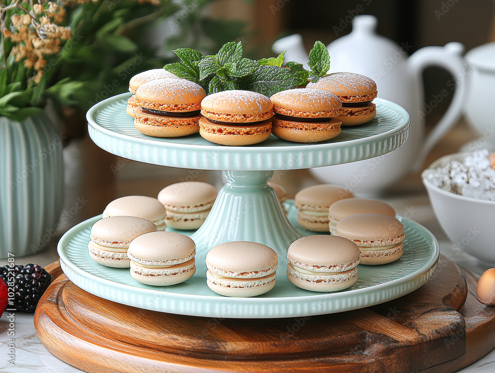 A tray of macaroons and a teapot