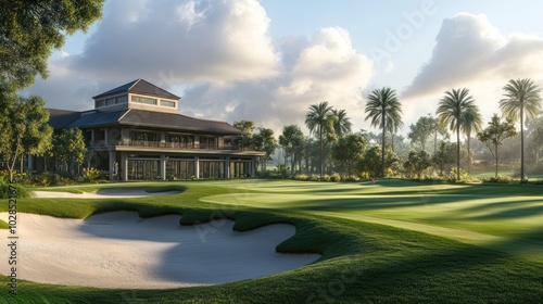 A Sand Trap on a Lush Golf Course with a Clubhouse in the Background