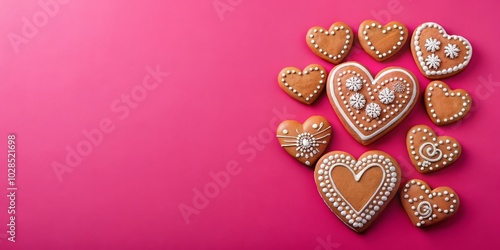 Heart-shaped cookies with icing on a pink surface. Banner, background for Valentine's Day, love with copy space