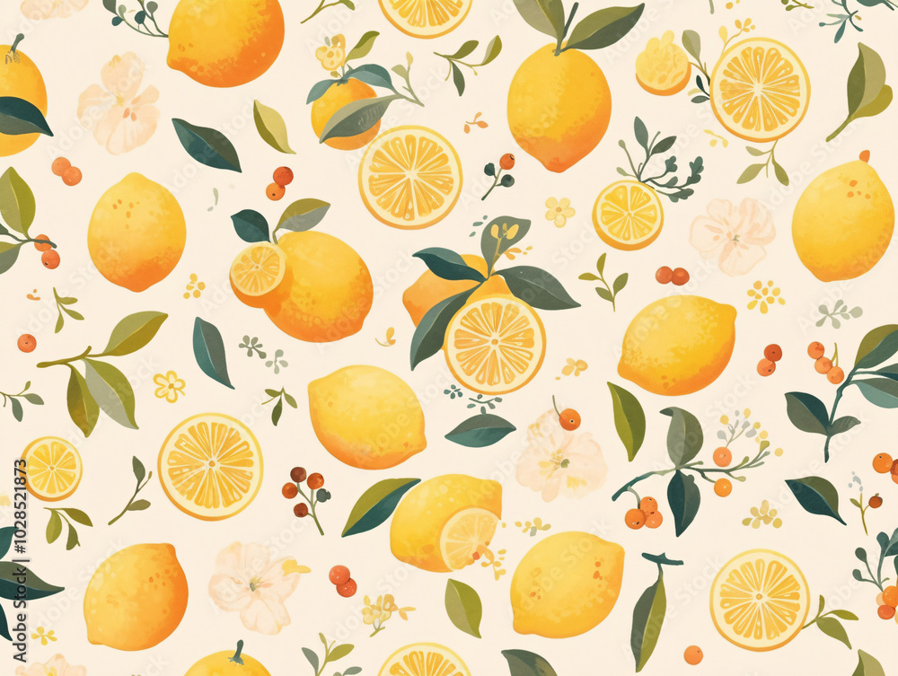 a vibrant and lively pattern of yellow lemons with green leaves and red berries, set against a light green background. a vibrant and lively pattern of yellow lemons with green leaves and red berries, set against a light green background.