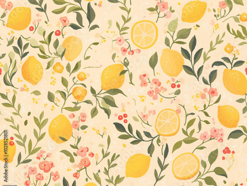 a vibrant and lively pattern of yellow lemons with green leaves and red berries, set against a light green background.