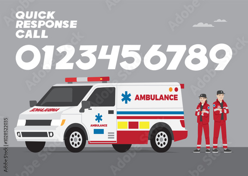 medical service man and woman with hat and red work jacket and side promotion campaign standing in front of car with call number for quick response call