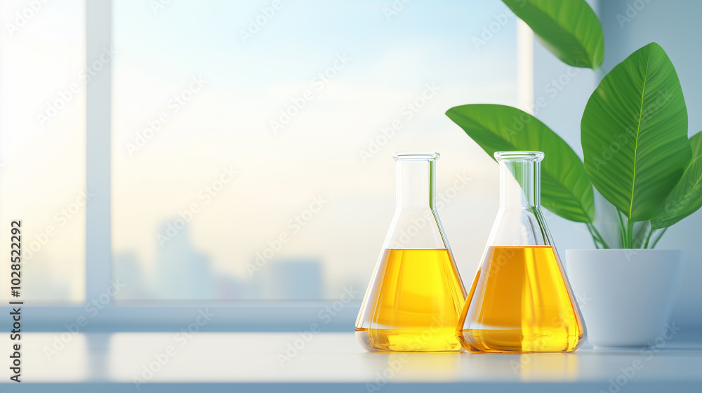 Two glass vials of liquid are on a table next to a potted plant Two glass vials of liquid are on a table next to a potted plant
