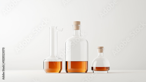 Three glass bottles of alcohol are lined up on a white table