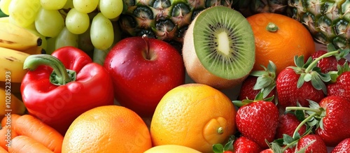 closeup shot Group of different produce fruit and vegetables