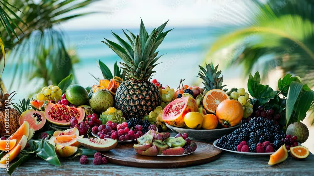 A table overflowing with fresh tropical fruits, including pineapples, grapefruits, and berries, is set up in front of a beach on a sunny day A table overflowing with fresh tropical fruits, including pineapples, grapefruits, and berries, is set up in front of a beach on a sunny day