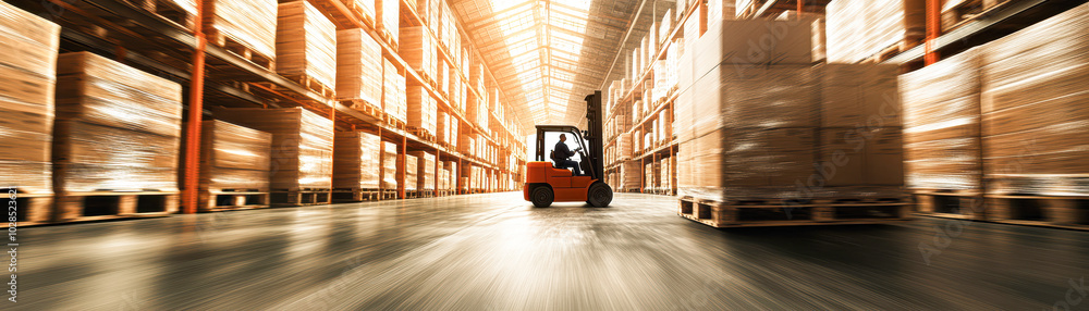A forklift is driving through a warehouse A forklift is driving through a warehouse