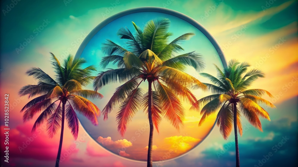 Vibrant Multicolored Palm Trees on Retro Circle with Faded Paper Effect for Travel Illustrations