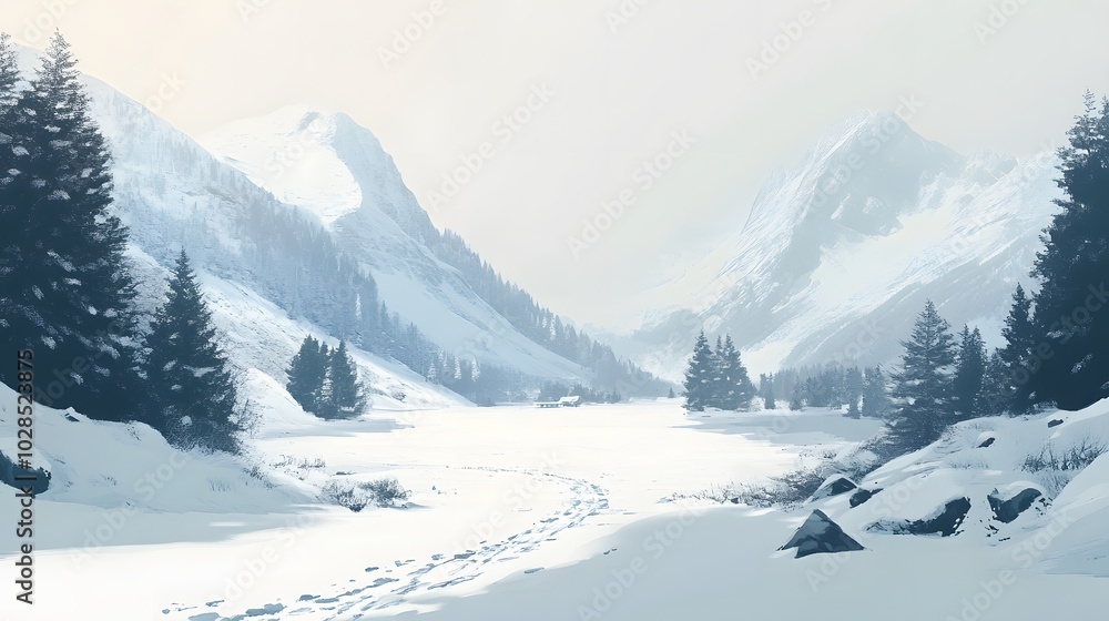4. A tranquil, snow-covered valley under a pale winter sky, with no footprints in sight 4. A tranquil, snow-covered valley under a pale winter sky, with no footprints in sight
