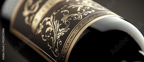 Illustrate a close-up view of a wine bottle with a label showcasing intricate details, set at eye level, reflecting elegance and sophistication