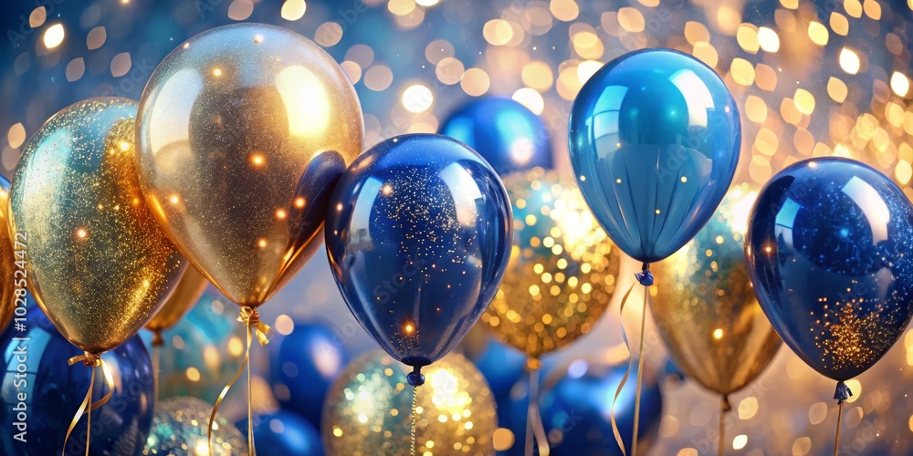 Vibrant blue and gold balloons against a cheerful backdrop with soft lights create a festive atmosphere perfect for any celebration, adding elegance and joy to the occasion. Vibrant blue and gold balloons against a cheerful backdrop with soft lights create a festive atmosphere perfect for any celebration, adding elegance and joy to the occasion.