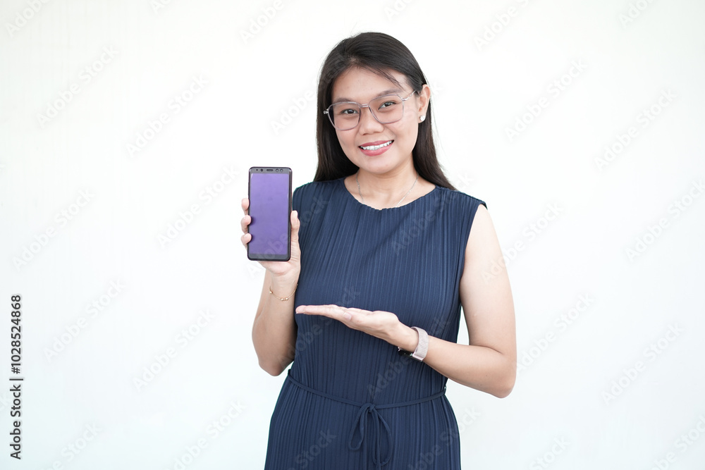 Beautiful Asian Woman wearing formal dress Showing Apps or Ads On Blank Screen Smartphone, advertising concept Isolated On White Background Beautiful Asian Woman wearing formal dress Showing Apps or Ads On Blank Screen Smartphone, advertising concept Isolated On White Background