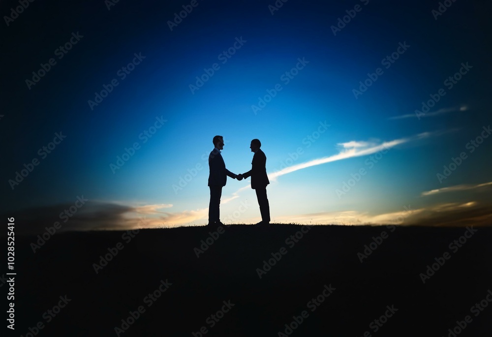 Two silhouetted figures shake hands against a dramatic blue sky at sunset. Two silhouetted figures shake hands against a dramatic blue sky at sunset.