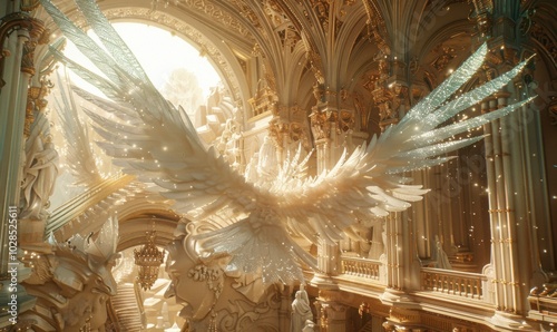 Celestial haven of shimmering wings and celestial palaces, bathed in eternal sunlight, 4K hyperrealistic photo photo