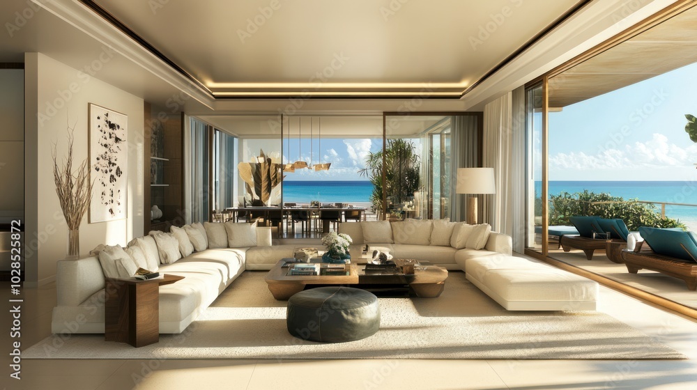 Fototapeta premium Modern Living Room with Ocean View and Sectional Sofa