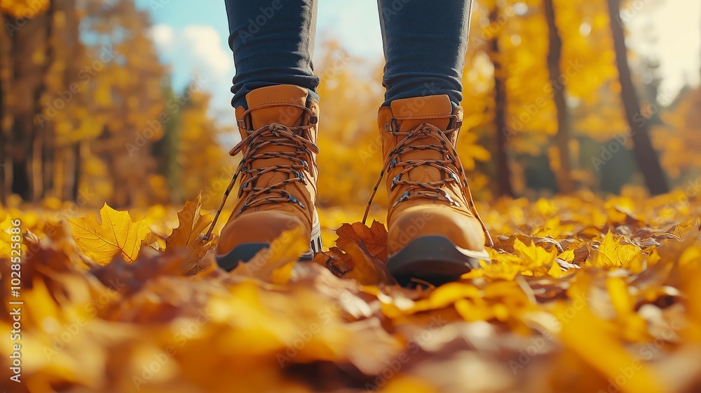 person walking in autumn forest person walking in autumn forest